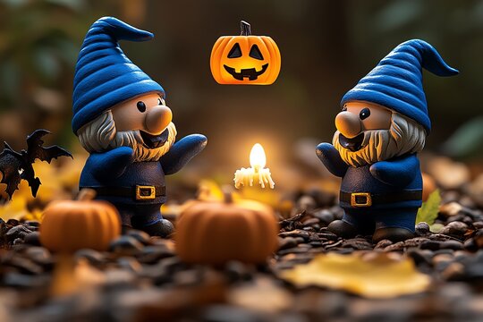 Gnomes holding a s&Atilde;&copy;ance on Halloween night, surrounded by candles and creepy shadows, representing the eerie and supernatural traditions of a gnome Halloween