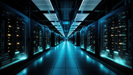 Image of a quantum computer server room with rows of advanced machines.