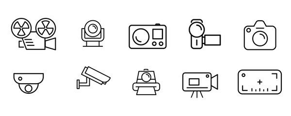 Set of camera line icon of different types of film and digital camera bodies