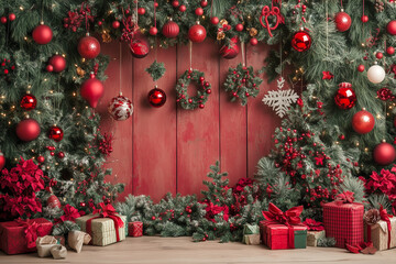 Christmas-themed flat lay with wrapped gifts and evergreen branches on a red wooden plank background. 