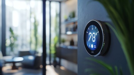 Obraz premium Modern thermostat displaying temperature in a stylish interior setting.
