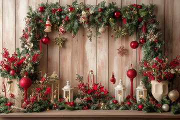 Christmas-themed flat lay with wrapped gifts and evergreen branches on a brown wooden plank background. 