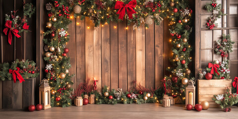 Christmas-themed flat lay with wrapped gifts and evergreen branches on a red and blue abstract background. 