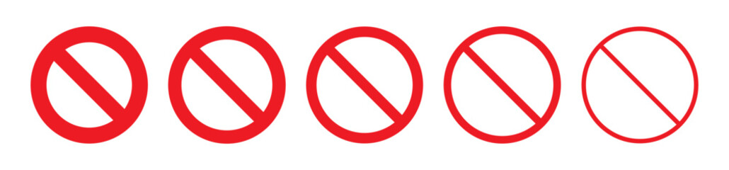 Red ban, prohibited, forbidden symbol circle icon set with various stroke intensity. Prohibition symbol vector set isolated on white background. Vector illustration.