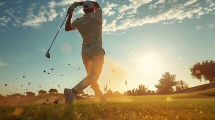 Golfer playing golf on a beautiful golf course at sunset