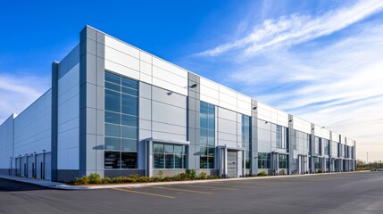 Fototapeta premium Modern warehouse building exterior, building servicing or car service buildings, Cargo transportation and logistics, with a parking lot on a blue sky background