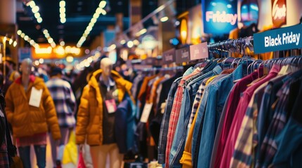 Black Friday Shopping Frenzy in Trendy Fashion Boutique Packed with Shoppers and Winter Apparel