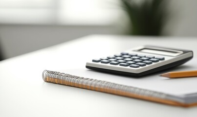 Calculator, Notepad, and Pencil on White Desk.