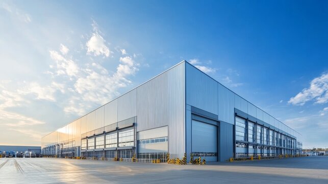 Modern warehouse building exterior, building servicing or car service buildings, Cargo transportation and logistics, with a parking lot on a blue sky background