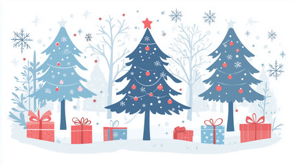 Fototapeta premium An illustration of Christmas trees and gift boxes clip arts with snowflakes on snowy background.