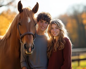 Obraz premium Young couple with horse portrait in rural western autumn fall sunny landscape. Horseback riding equestrian adventure camp and wild west tourism advertisement photo concept. 