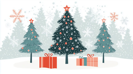 Obraz premium An illustration of Christmas trees and gift boxes clip arts with snowflakes on snowy background.