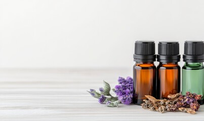 Essential Oils and Dried Lavender Flowers on White Wooden Background.
