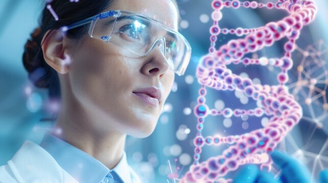 Female biotech engineer analyzing DNA strand in futuristic laboratory with holographic technology