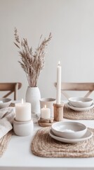 Minimalist Table Setting with Candles and Pampas Grass.