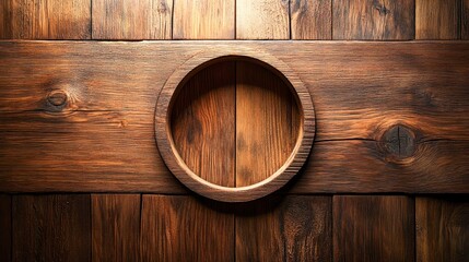 Empty wooden bowl on rustic wooden table, viewed from above in natural light
