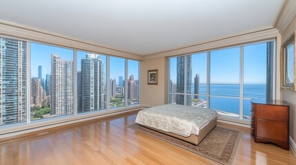 Fototapeta premium Modern Bedroom With City View and Lake Background