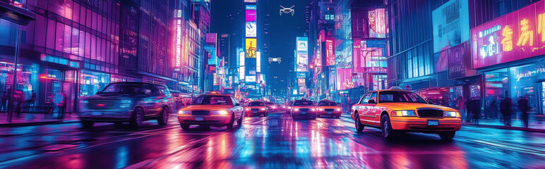 Obraz premium Neon-lit urban street where autonomous drones fly overhead