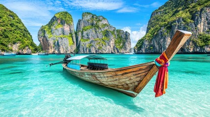 Fototapeta premium Serene Longtail Boat in Tropical Island Paradise
