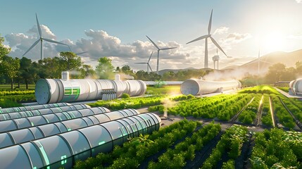 Smart farm with wind turbines and solar panels in the background