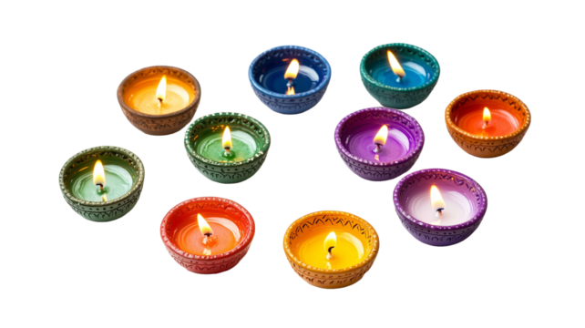 set of colorful diya lamps isolated on transparent background. Greeting card element for one of the major religious festivals in Hinduism, Jainism, Sikhism. - Powered by Adobe