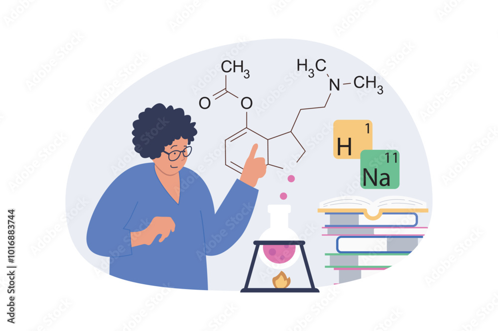 Aufkleber science laboratory concept in modern flat design for web. woman doing chemical research at test tube