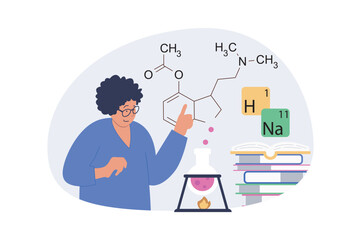 Science laboratory concept in modern flat design for web. Woman doing chemical research at test tubes and beaker, studying molecular structures and formulas at lab equipment. Vector illustration.