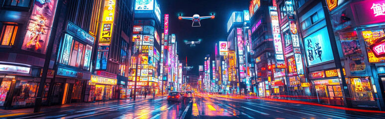 Neon-lit urban street where autonomous drones fly overhead