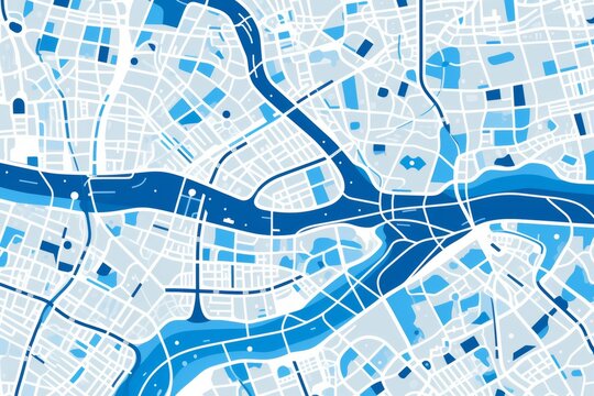Geometric city map design with simple lines depicting roads and areas in gray, blue, and white