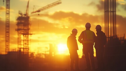Fototapeta premium Silhouetted construction workers discussing at sunset with cranes in the background.