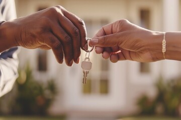 Hands exchanging house keys in front of new home