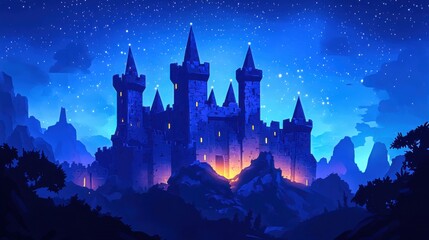 Fototapeta premium Enchanted castle illuminated at night against a starry sky landscape