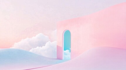 The door opens with dramatic white clouds floating, creating the illusion that the door leads to another world. The background is colorful, and there is no furniture in front of or behind the door