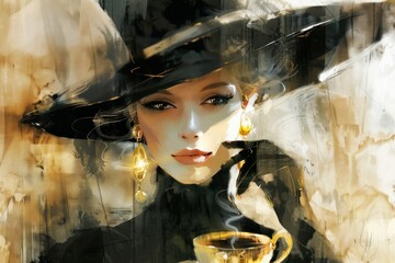 Elegant woman in black hat with gold earrings, long gloves on hands, sipping coffee, detailed artistic portrait