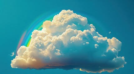 Naklejka premium Fluffy cloud and colorful rainbow against a clear blue sky
