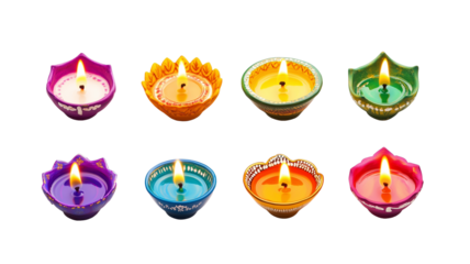 set of colorful diya lamps isolated on transparent background. Greeting card element for one of the major religious festivals in Hinduism, Jainism, Sikhism.