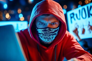 Hacker targeting a corrupt organization, with code on one screen and protest signs on another, linking online efforts with real-world change