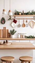 Minimalist Kitchen Island with Wooden Stools and Christmas Decor.