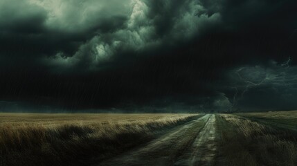 Fototapeta premium A severe storm moves across the open farmland, with dark clouds and fierce winds over a road leading into the distance.