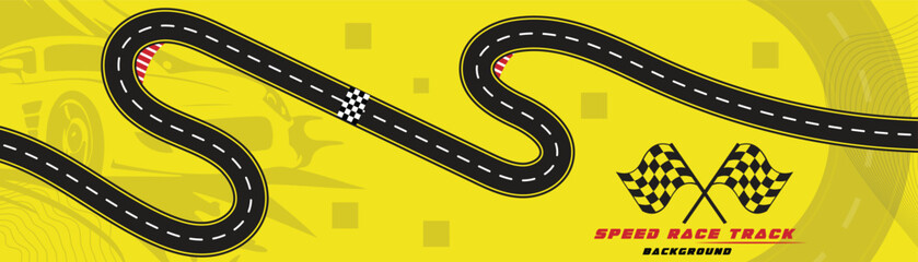 Fototapeta premium Creative vector illusion of race track isolated on yellow background. Speed race track background design with sport car.