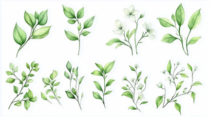 Set of luxury green leaves and flowers elements in watercolor and ink style. Aquarelle and line branches and blooming. Vector isolated on white background for Invitation, greeting card
