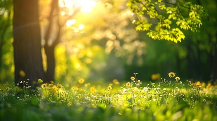 Sunset in the spring forest. Yellow flowers and green grass