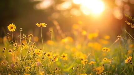 Sunset on meadow with yellow flowers in summer. Nature background