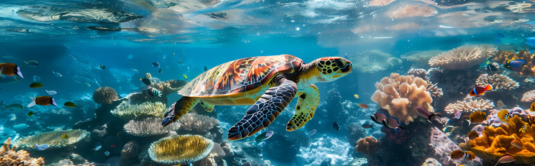 Obraz premium green turtle swimming in aquarium generated AI