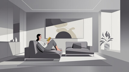 Fototapeta premium Modern, sleek graphic design illustration of a woman sitting relaxed on a contemporary couch, reading a book. The room is minimalist, with clean lines, simple furniture, and a neutral palette 