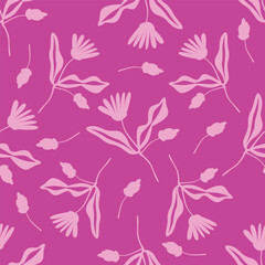 Seamless floral pattern, cute ditsy print with small pink flowers, leaves on purple background. Pretty botanical design for fabric, paper and other surfaces. Vector illustration.