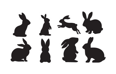 Isolated rabbit shadow on white background, set of different rabbit silhouettes for design use