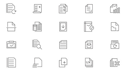 File and Document line icon set. Contains contract papers, folder, certificate, approved, clipboard, invoice, archive, quality control, checklist, and clipboard line icon set. Ui thin line icon pack.