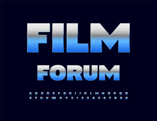 Vector silver icon Film Forum. Blue Metallic Font. Trendy Alphabet Letters and Numbers set.
