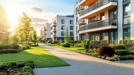 New modern block of flats in green area. residential apartment with flat buildings exterior. luxury house complex. Part of City Real estate property, condo architecture. apartment insurance concept